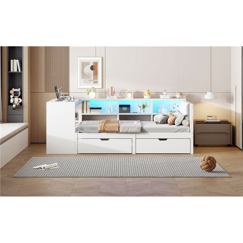 90x200 Holz-Plattformbett mit Ablageflächen, Schubladen, Ladestation und gepolstertem Kopfteil, Mit bunten LED-Leuchten, Weiß