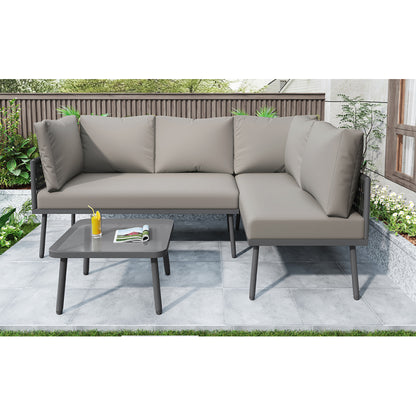 Garten-Lounge-Set aus Eisen, Gartenmöbel-Set aus grauem Seil, L-förmiges Gartenmöbel-Set, Lounge-Set aus grauem Seil mit Sitzkissen, verstellbaren Füßen, 2 Sofas und 1 Tisch