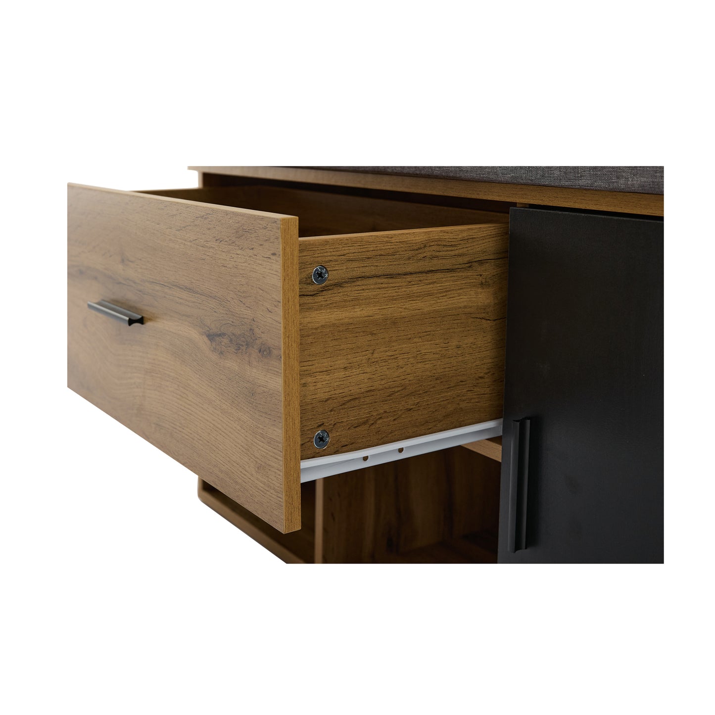 Garderoben Set in Holzoptik mit Spiegel, Schuhbank (104 x 39 cm) mit Polster, Schuhschrank, Schublade, Regal, Kleiderhaken – Praktisches Design für den Eingangsbereich