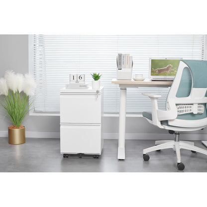 Metal 2 Drawer Mobile File Cabinet with Lock, Under Desk Office Steel Filing Cabinet, 25.6''H Legal/Letter Size Files Storage Cabinet,White