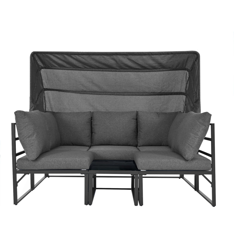 Garten Loungesessel Set, Iron Sunny Island Sitzgruppe Hocker und Tisch mit Markise 4er Set Balkon und Garten Loungemöbel Terrassenmöbel Wetterfest Grau Inkl. aller Kissen(previous sku:HW24006AAA)