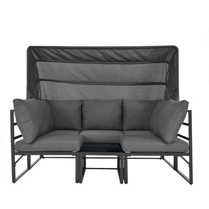 Garten Loungesessel Set, Iron Sunny Island Sitzgruppe Hocker und Tisch mit Markise 4er Set Balkon und Garten Loungemöbel Terrassenmöbel Wetterfest Grau Inkl. aller Kissen(previous sku:HW24006AAA)