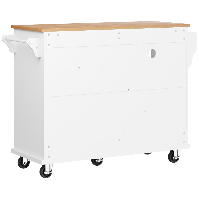 Esszimmerwagen (129 x 46 x 92 cm), modernes minimalistisches Weiß, mobiler Küchen-Esswagen mit Schubladen und Lagerschränken, hellbraune Holzarbeitsplatte, passend für moderne Wohnungen