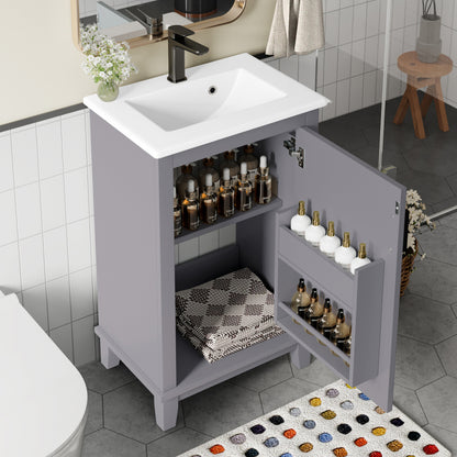 51x34x83cmBodenstehender Badezimmerschrank, Waschtisch, komplett lackiert, Türregale, verstellbare Regale, integriertes Keramikwaschbecken, geeignet für kleine Räume, Grau