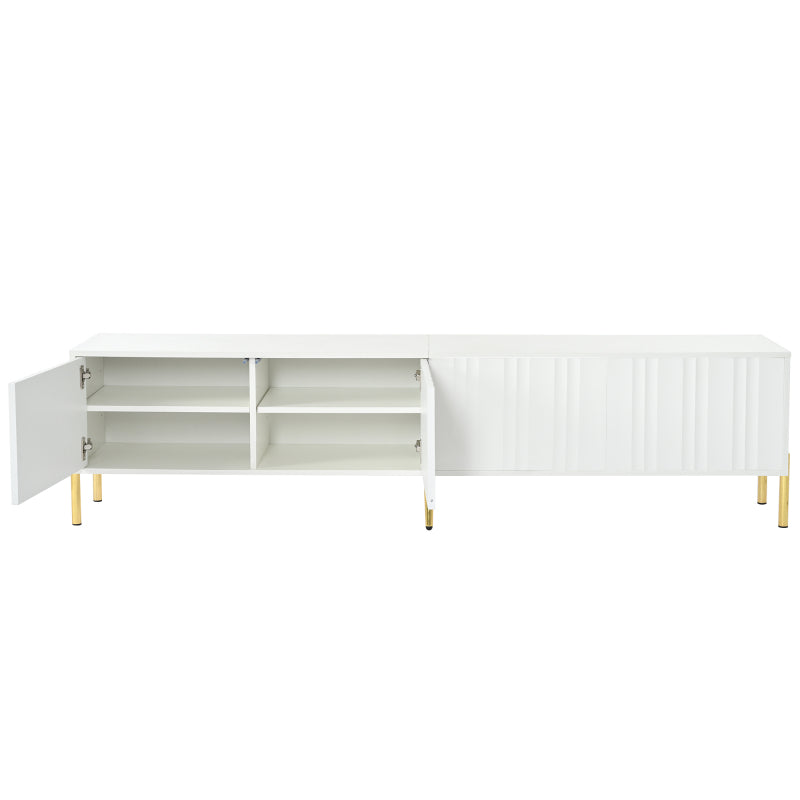 Weißes TV-Schrank, 190 cm lang x 38 cm breit x 48 cm hoch, goldene Tischbeine, gerilltes Türdesign