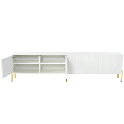 Weißes TV-Schrank, 190 cm lang x 38 cm breit x 48 cm hoch, goldene Tischbeine, gerilltes Türdesign