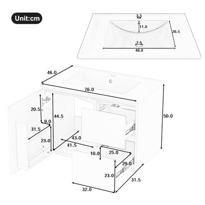 76x46x50cm wandhängend Badezimmerschränk, komplett lackiert, LED-Radarsensor-Beleuchtung, Waschtisch, zwei Schubladen, leise Gleitschienen, linke und rechte Ablage, integriertes Waschbecken, weiß