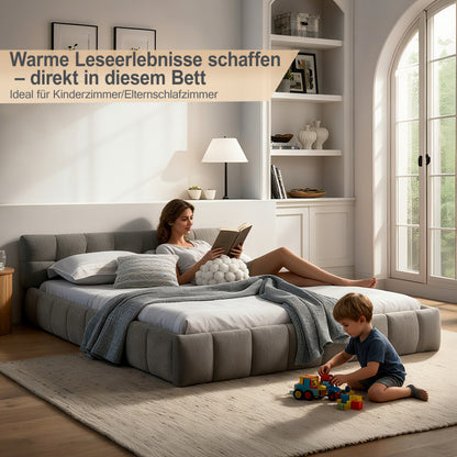 Doppelbett 160x200 cm mit Chenille Bezug Eukalyptusholz Eisenrahmen Dark Gray (ohne Matratze)