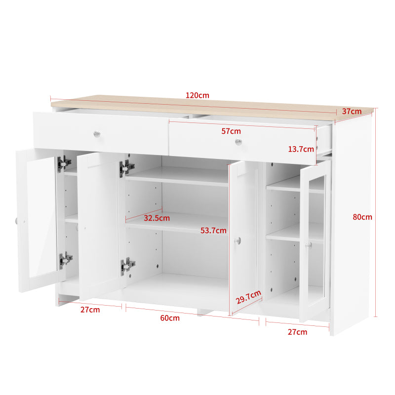 Sideboard mit weißer Holzmaserung, vier Türen, mit zwei Schubladen, Tür mit Glas. Wohnzimmer, Esszimmer. Holzfarbe und Weiß