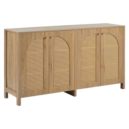 Modernes Sideboard im minimalistischen Stil 4-Rattantür, Metallgriff einfaches Buffetschrank für Esszimmer, Wohnzimmer, Küche (Naturholz)