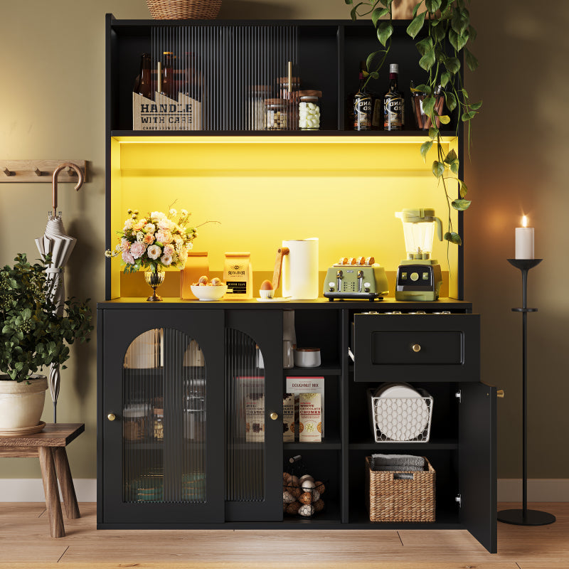 Küchenschrank, Esszimmerschrank, Sideboard mit LED-Beleuchtung, schwarz