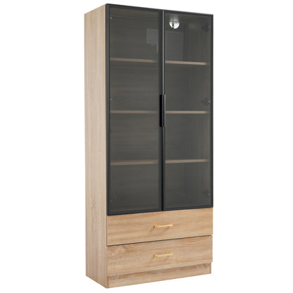 Badezimmerschrank, mittel, mit Lichtleiste, 75 cm breit, mit 2 großen Schubladen und 2 Türen, Glastür