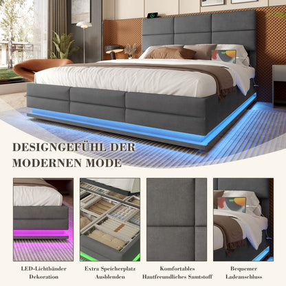 180x200 cm Modernes Velours-Polsterbett mit höhenverstellbarem Kopfteil - Inkl. USB/Type-C-Anschlüssen, LED-Ambientebeleuchtung, hydraulischem Lift-System & XXL-Stauraum (ohne Matratze) - Grau