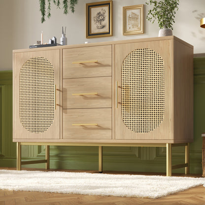 Rattan kommode mit 3-Schubladen und 2-Rattan-Türer,kommode schrank, Schminktisch, für Schlafzimmer und Wohnzimmer, Verstellbare Regale, Kippschutz, 120 x 40 x 74 cm, Sonoma Eiche
