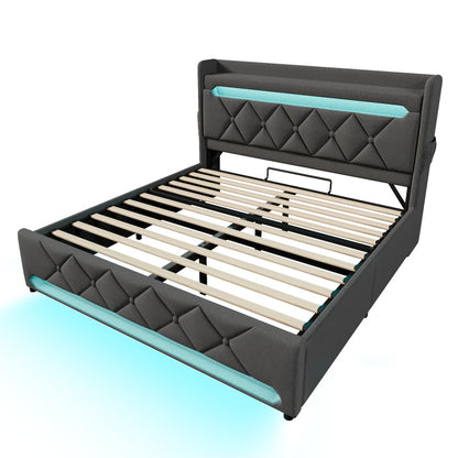 Polsterbett Doppelbett 180*200, Stauraum Kopfteil mit USB und Typ C-Port ,360-Surround-LED-Funktion rund um Kopf- und Fußende des, Betten mit Hydraulisch Stauraum, Grau , Leinen(Ohne Matratze)