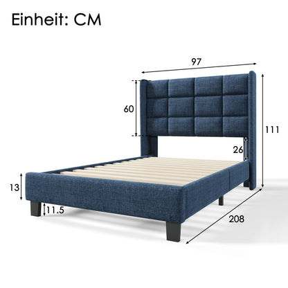Modernes Design Polsterbett Mit seinem gepolstertes Kopfteil Einzelbett mit Lattenrost, 90x200cm ,in Blau Leinen, mittelfest (Ohne Matratze)