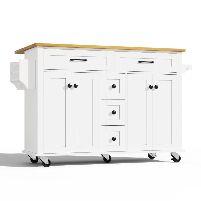 Multifunktionaler Küchenwagen mit ausklappbarer Arbeitsplatte, 120×65 cm erweiterbar, mit 5 Schubladen, Schränken, Gewürz- & Handtuchhalter, auf Rollen – Kücheninsel für Küche, Esszimmer & Wohnzimmer