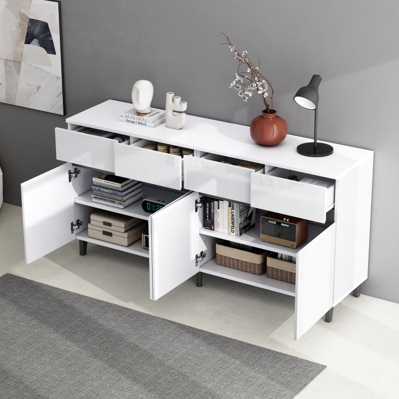 Hochglanz Sideboard, Kommoden,Highboard, Schubladenkommoden mit 4 Schubladen2 Türen und höhenverstellbaren Regalböden, weiß