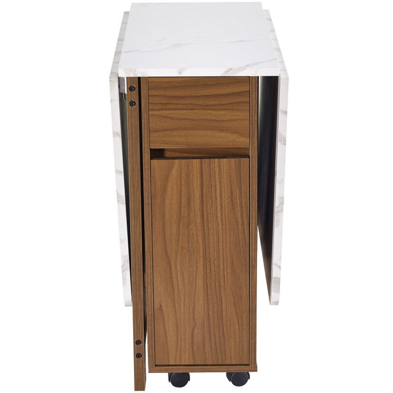Ausziehbarer Bartisch mit Stauraum(110-124×78×97.5cm), für 2-6 Personen, Kücheninseln mit 2 Schubladen, 2 seitliche offene Regale und eingebaute Steckdose,Tischplatte aus weiß marmoriertem MDF,Braun