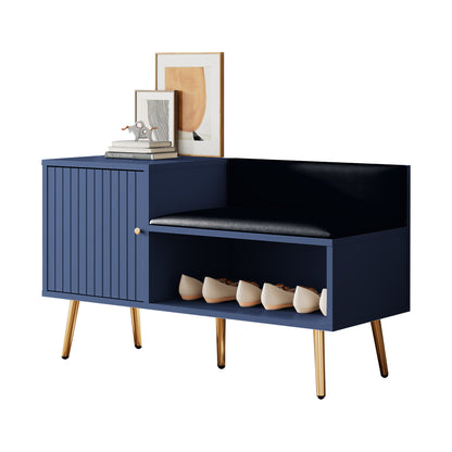 Moderne luxuriöse Schuhtruhe in Blau mit Stauraum, gepolsterter Sitzbank und Rückenlehne, Perfekt für den Eingangsbereich