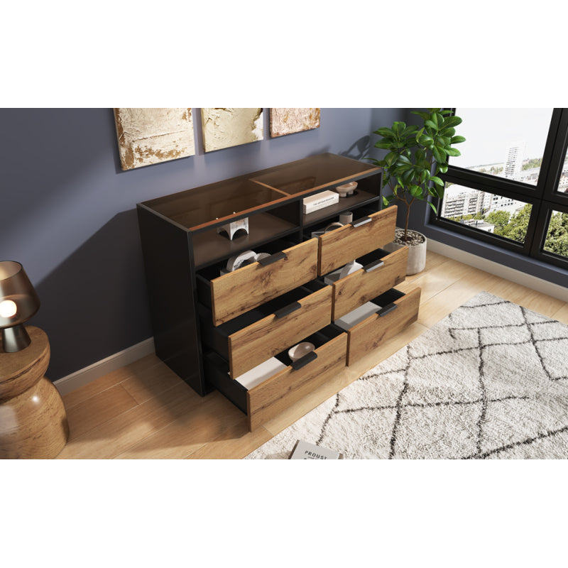 Kommode Sideboard aus Bernstein Glas, Sideboard mit Metallgriffen, Kommode mit 6 Schubladen und 2 Fächern , kippsicher, 120 x 40 x 80 cm, Eiche