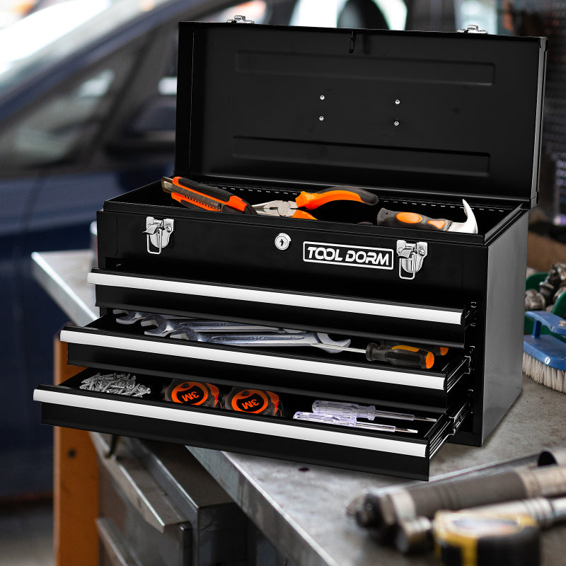 20,3 Zoll großer Werkzeugkasten aus Metall mit Schubladen. Tragbarer Werkzeugkasten aus Stahlmetall mit Schutzauskleidung (Schwarz, 3 Schubladen)