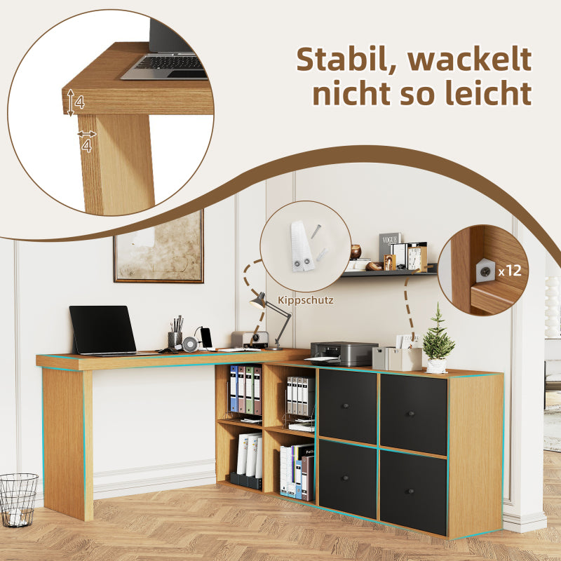 Ecktisch, Tischplatte 360° schwenkbar - L-förmig oder gerade aufstellbar, MDF,  mit 4 Fächern, 4 Schubladen, weiß