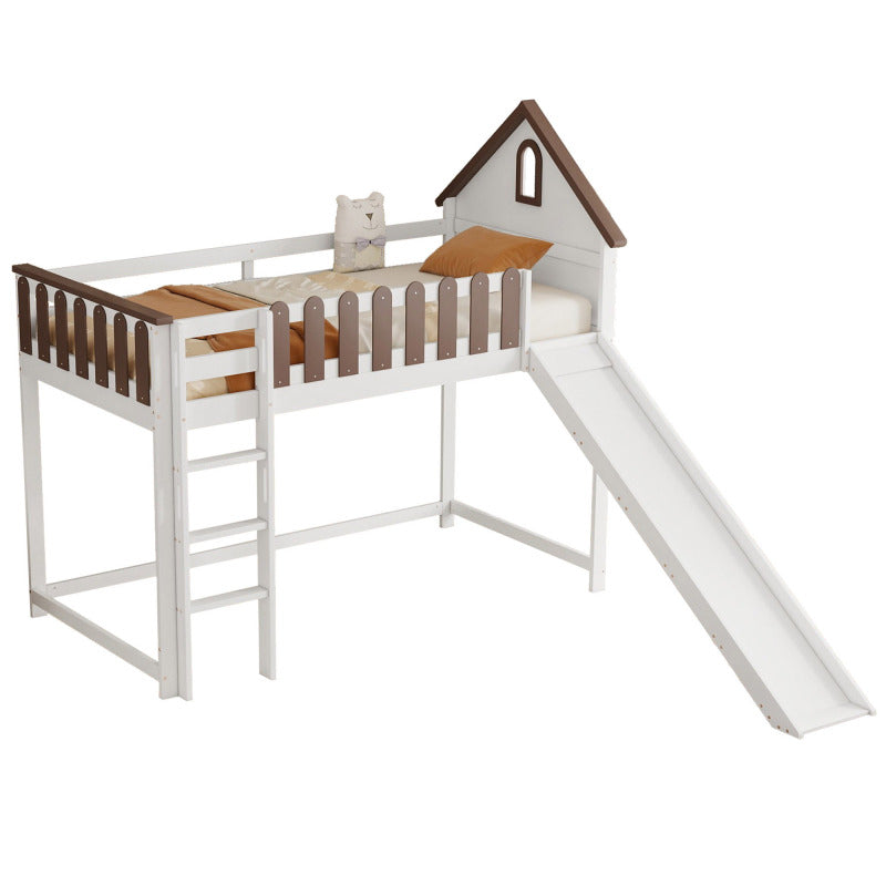 Hochbett, Mit Dach und Fenster, Mit dreistufiger gerader Leiter, Jugendbett, Kinderbett mit Rutsche,  Kiefer+MDF, Weiß+Walnuss, 90x200cm