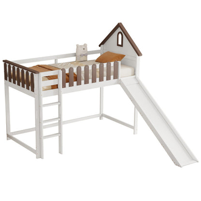 Hochbett, Mit Dach und Fenster, Mit dreistufiger gerader Leiter, Jugendbett, Kinderbett mit Rutsche,  Kiefer+MDF, Weiß+Walnuss, 90x200cm