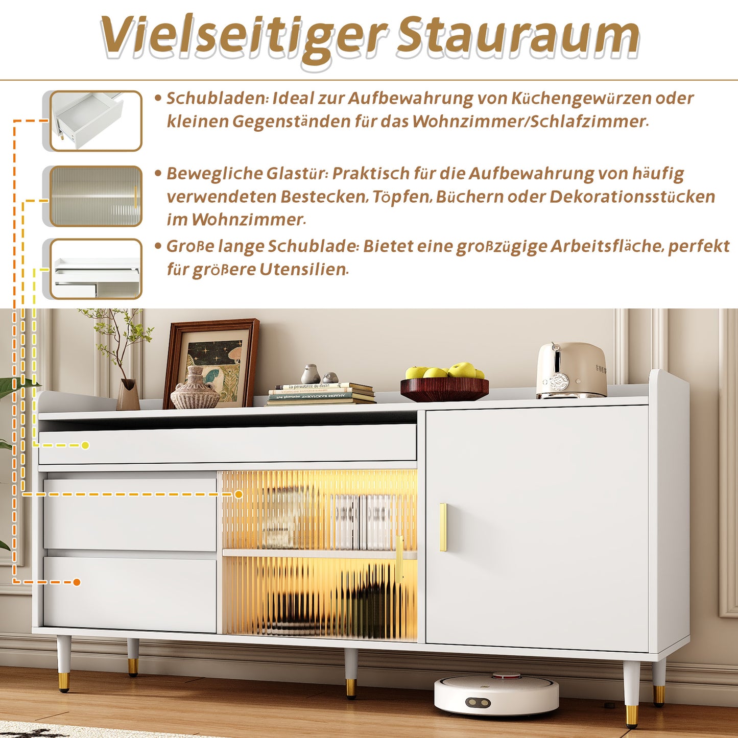 Sideboard mit Glasschiebetüren und LED-Beleuchtung – Freistehende Kommode aus Holz, Weiß