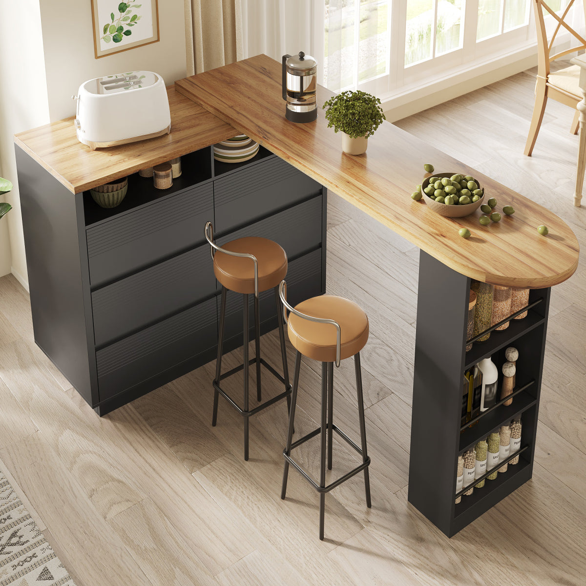Ausziehbarer Bartisch (137-215cm) - Moderner Teleskop-Hochtisch mit 6 Schubladen & Stauraum - Bewegliche Kücheninsel, Stehtisch & Bistrotisch