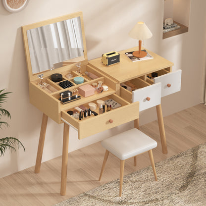 Schminktisch, Kosmetiktisch Mit Spiegel, Schminktisch aus Holz Mit Schubladen, geteilter Stauraum, große Lagerkapazität - Maße:B100/H78/T40 cm(ohne Hocker)(OLD SKU: WF319875AAW)