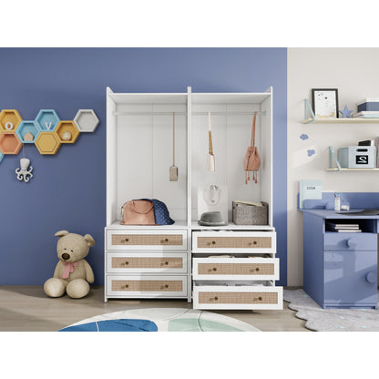Weißer Kleiderschrank mit drei Schubladen – Garderobe mit Stauraumregal im Boho-Stil – Höhe 180 cm – ideal für Flur, Wohnzimmer, Schlafzimmer, Arbeitszimmer oder Büro.Maße:70*48*180cm