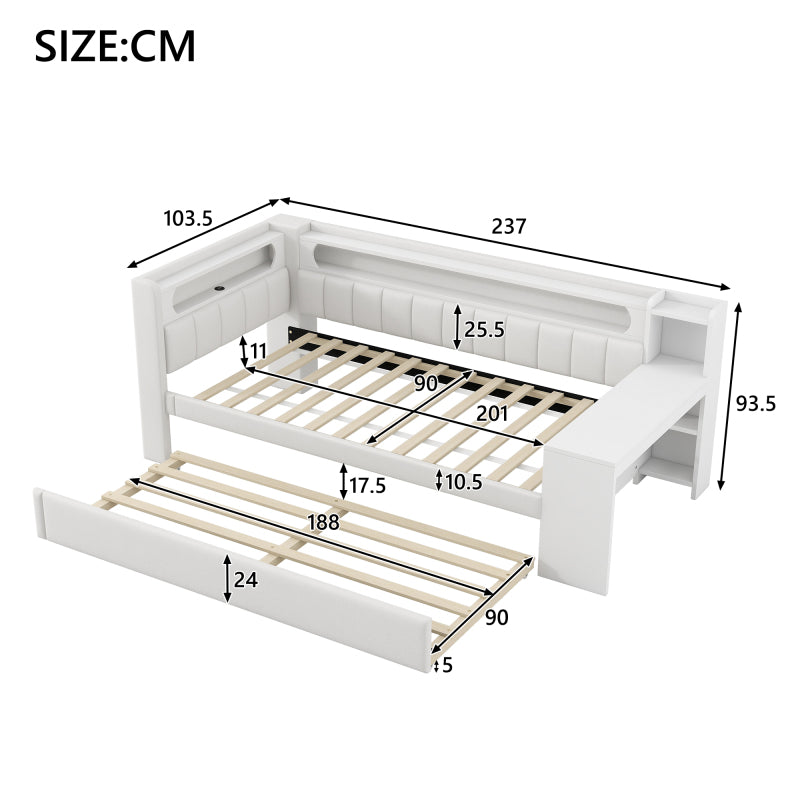 Gepolstertes 90x200 Tagesbett mit USB-Anschlüssen und LED-Gürtel, mit Ausziehbett und Schreibtisch, Weiß