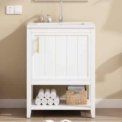 Badmöbel Einzelwaschtisch,Waschtischunterschrank 60 cm mit Keramikwaschbecken,mit Ablage,weiß