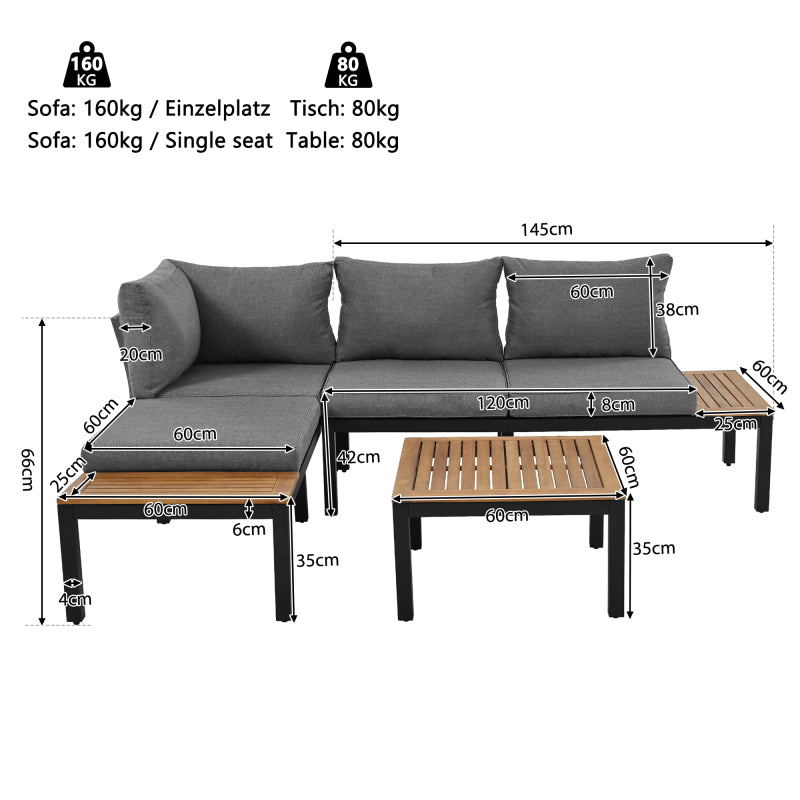 Garten-Lounge-Set (2 Zweisitzer, 2 Beistelltische, 1 Tisch), Tischplatte aus massiver Akazie, Stoffbezug für Rückenlehne, grau(previous sku:HW00005AAE)