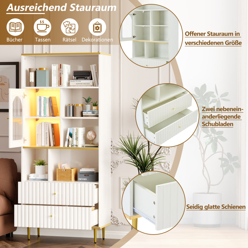 Weißes Bücherregal mit LED-beleuchteten Vitrinen, Glasfronten, 5 offenen Fächern und 2 Schubladen