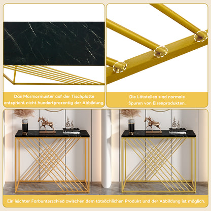 MDF Hochglanz Tisch für den Eingangsbereich, Konsolentisch, Flurtisch, Sideboard, Beistelltisch, Vintage, Schwarzer Tisch mit goldenem Fuß,