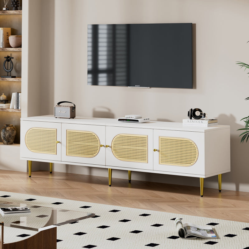 Weißer Rattan-TV-Schrank 180x40x50 cm - 4 Rattan-Türen, verstellbare Einlegeböden und Kabelmanagement für Fernseher bis 80 Zoll, TV-Schrank,Lowboards