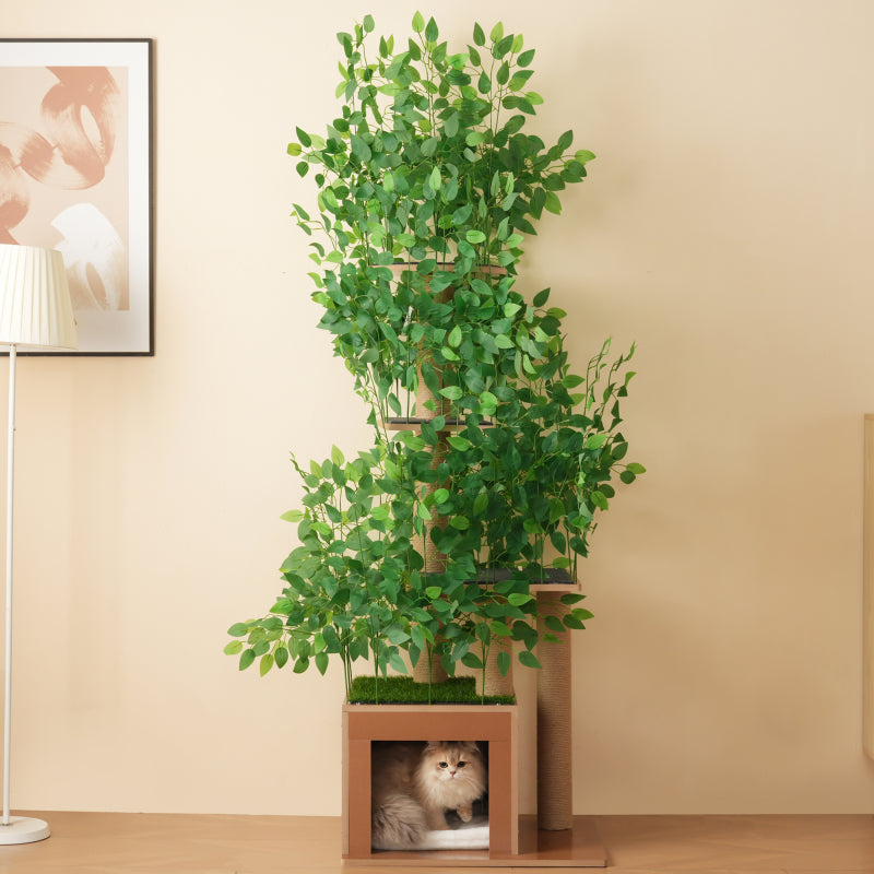 Kratzbaum in Baumform mit 4 Plattformen und Katzenlöchern – haustiersicheres Material, abnehmbare Blätter, geeignet für Katzen zum Verstecken, Klettern 190 cm