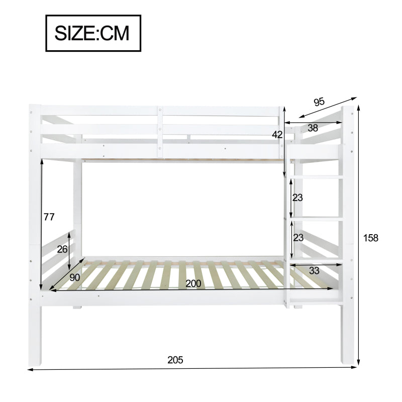 Etagenbett für Kinder, Kinderbett mit dreistufiger Winkelleiter und Absturzsicherung, Bett aufgeteilt in 2 Einzelbetten, Jugendbett, Einzelbett, Rahmen aus Kiefer, Weiß, 90x200cm