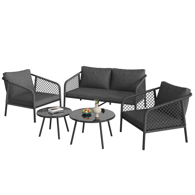 Garten-Lounge-Set, Gartenmöbel-Set aus Seil, Modernes Outdoor-Sofa-Set, graues Seil, Tischplatte aus glattem Glas, inklusive aller Sitz- und Rückenkissen,Loungemöbel, Balkonset , Garten & Terrasse