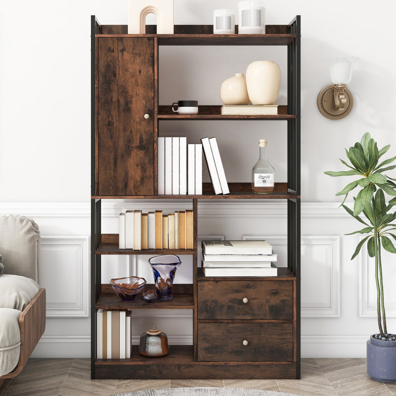 Bücherregal, 6 Regal Bücherregal mit mit Türen und  Schubladen industrielle Bücherregal, Stahlregal, antik braun