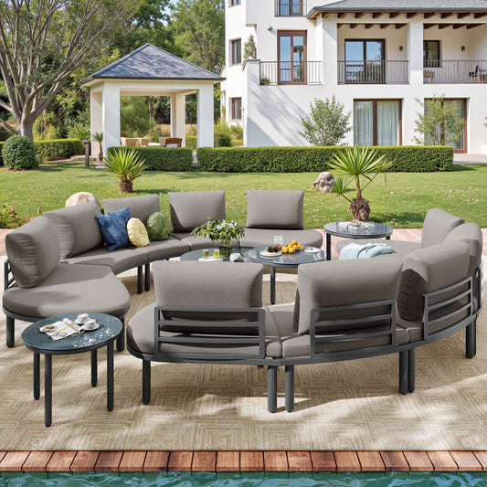 Gartenmöbel-Set (10 Sitzplätze), 4 Couchtische aus gehärtetem Glas, verzinkter Eisenrahmen, bequeme Gartenmöbel mit grauen Sitzpolstern und Kissen, verstellbare Beine, elegantes rundes Sofa