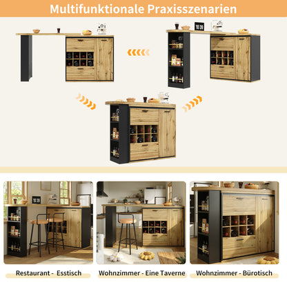 Ausziehbarer Bartisch 138-220cm Küchentisch mit Weinregal & 2 Schubladen, Stehtisch Natur Holzoptik, Multifunktionale Kücheninsel