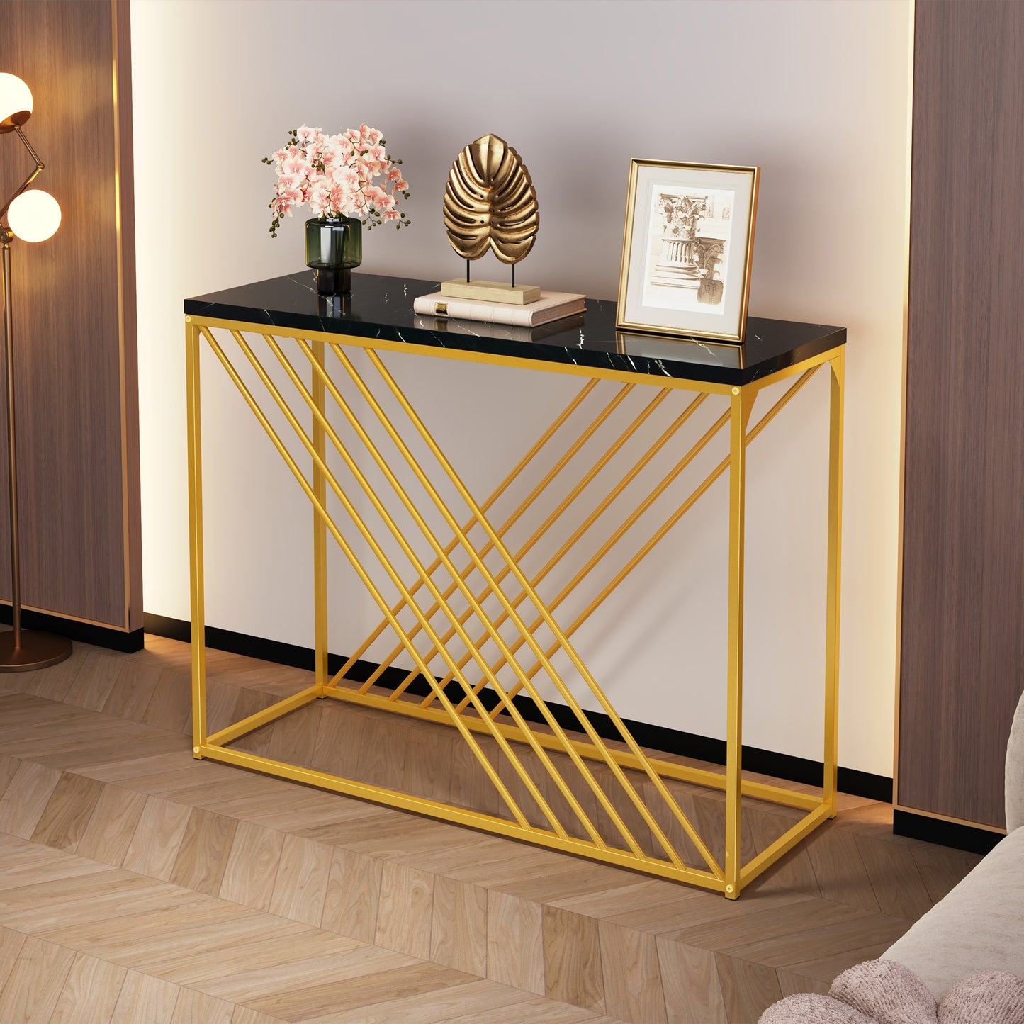MDF Hochglanz Tisch für den Eingangsbereich, Konsolentisch, Flurtisch, Sideboard, Beistelltisch, Vintage, Schwarzer Tisch mit goldenem Fuß,