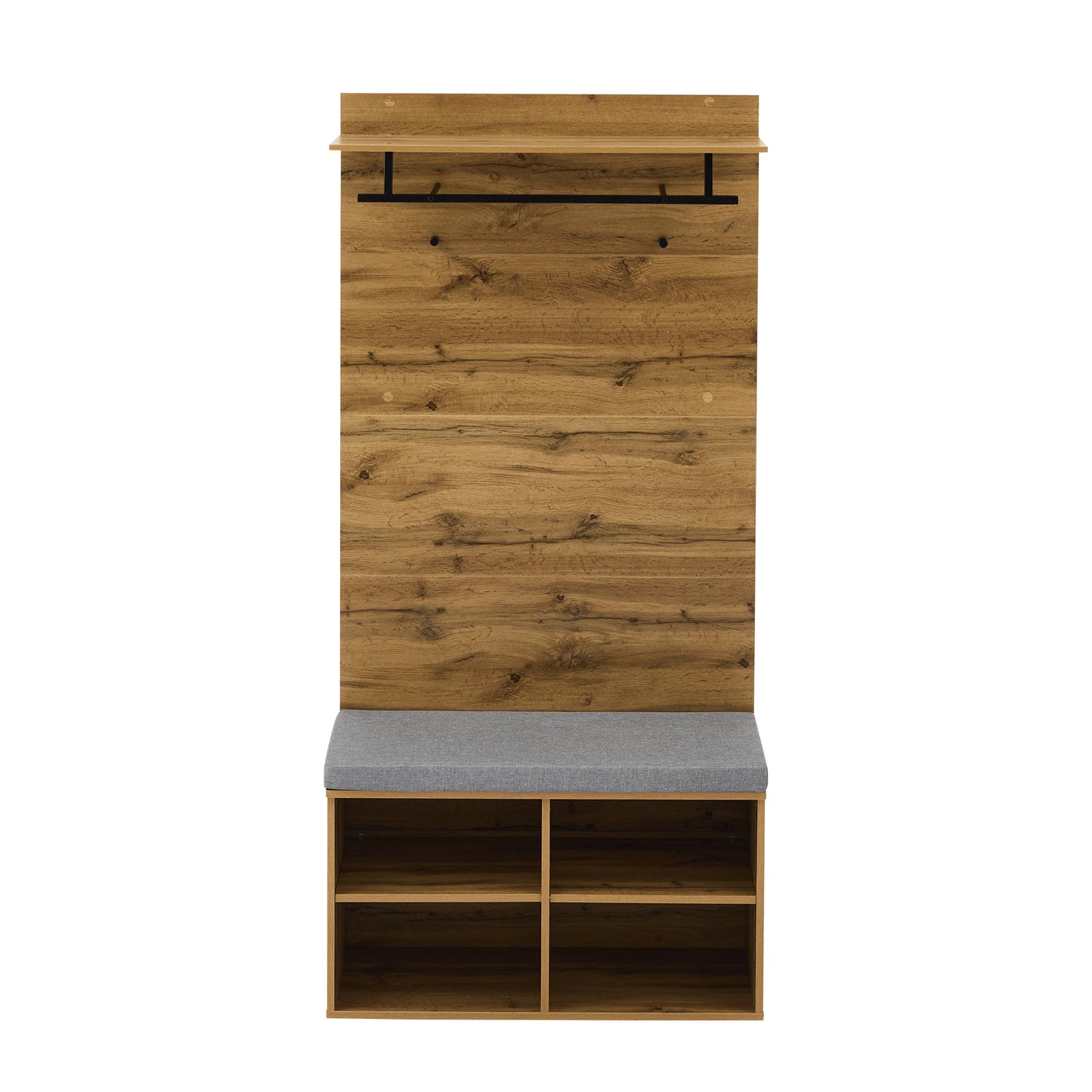 Garderobenset in Holzoptik mit Schuhbank, verstellbarem Regal, Kleiderstange und Polster, Praktische Flurmöbel