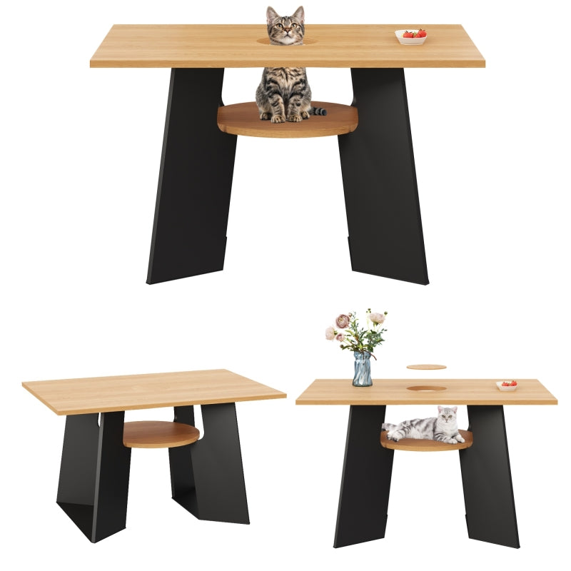 Haustierfreundlicher Esszimmer-Küchentisch mit Haustierbereich & Ablagebrettchen, rechteckig für 6 Personen (130×85×75 cm), Naturholz-Schwarz Mix