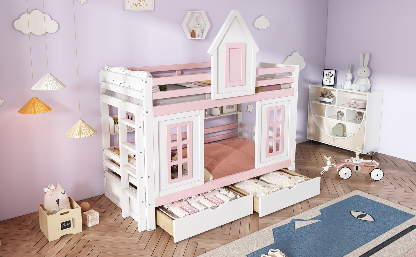 Etagenbett, Prinzessinnenbett, Kinderbett, Kinderbett mit Dach und Fenster, mit Fallschutzgitter, stabiles Geländer, Zwei Schubladen mit Rollen, Offenes Regal, Reichlich Stauraum, Kiefer+MDF,Weiß+Rose