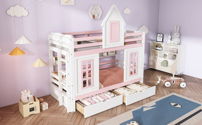 Etagenbett, Prinzessinnenbett, Kinderbett, Kinderbett mit Dach und Fenster, mit Fallschutzgitter, stabiles Geländer, Zwei Schubladen mit Rollen, Offenes Regal, Reichlich Stauraum, Kiefer+MDF,Weiß+Rose